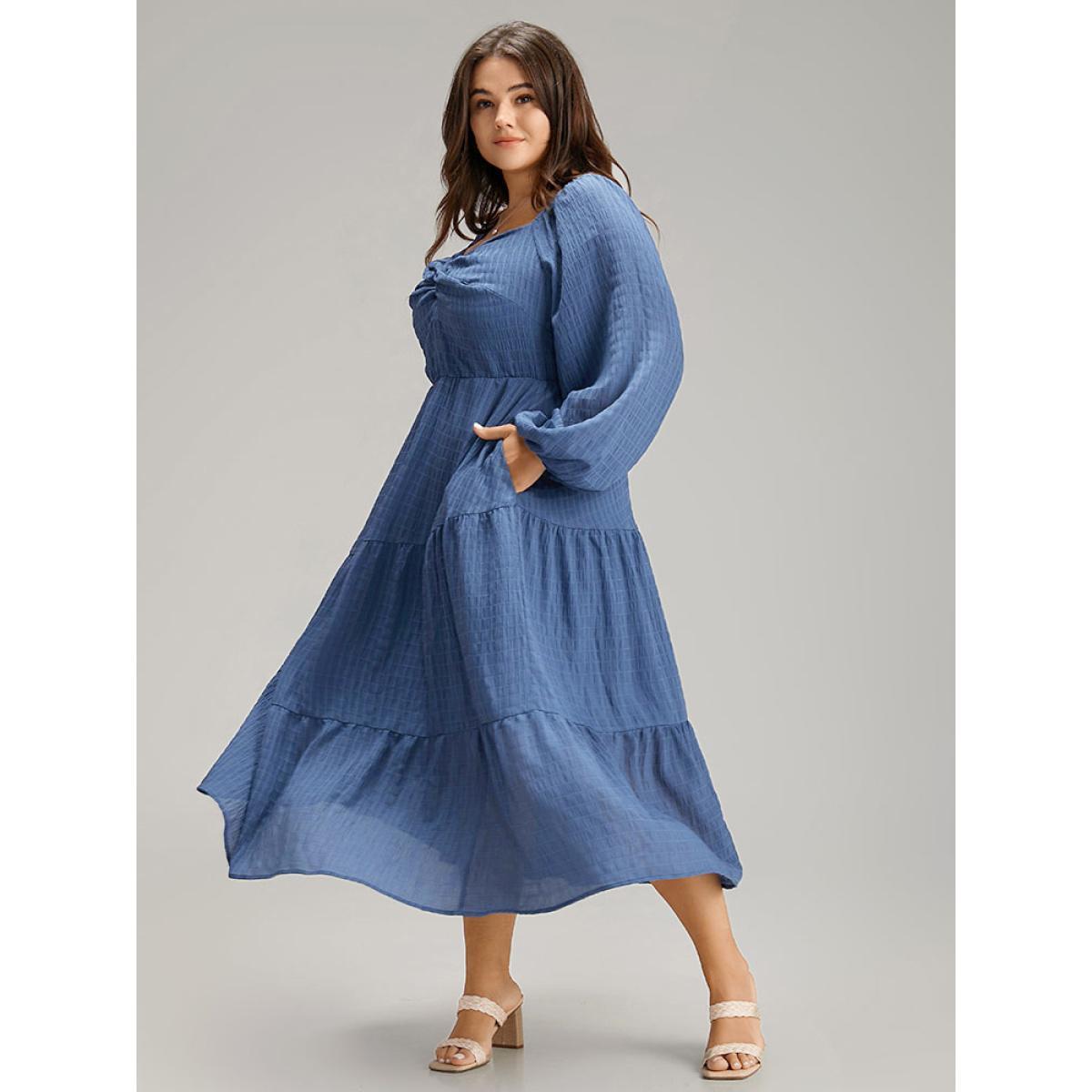 Plus Size Plisse Twist Front Layered Hem Dress Cerulean Women Elegant Elastic cuffs Square Neck Long Sleeve Curvy Midi Dress BloomChic 12/L Product Image
