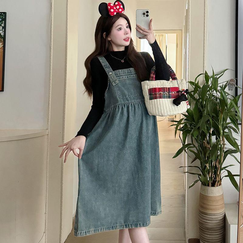 Maternity Washed Denim Midi Overall Dress Product Image