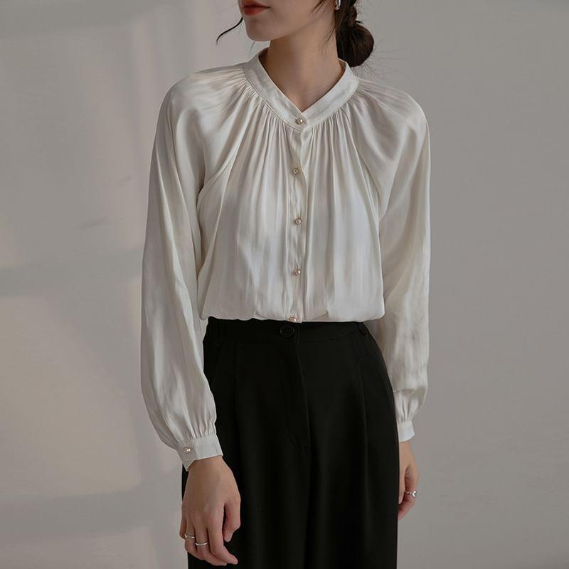 Puff Sleeve Plain Satin Loose-Fit Blouse Product Image