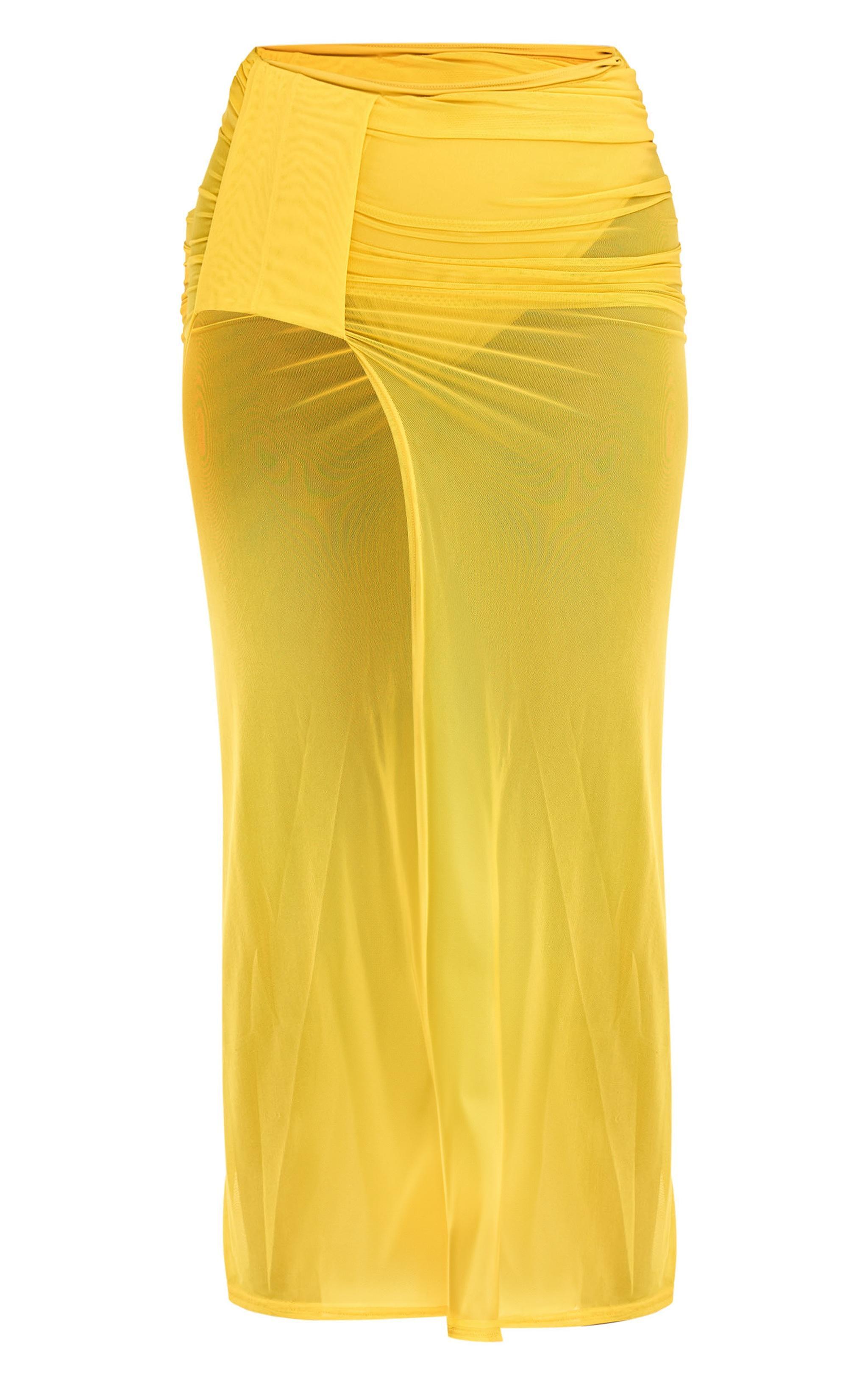 Plus Chartreuse Mesh Ruched Maxi Beach Skirt Product Image