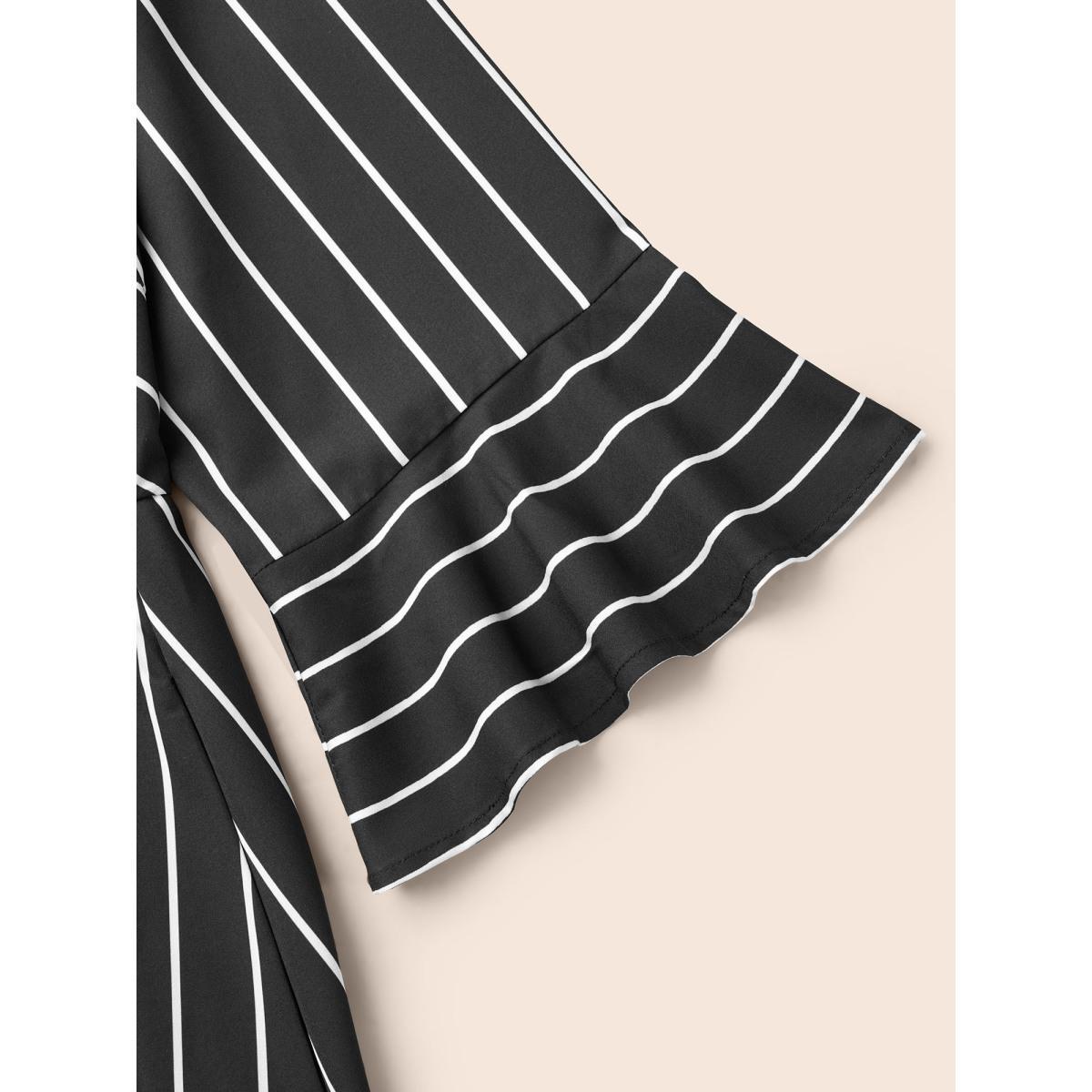 Plus Size Striped Flutter Sleeve Midi Dress Black Women At the Office Ruffles Round Neck Elbow-length sleeve Curvy BloomChic 14-16/1X Product Image