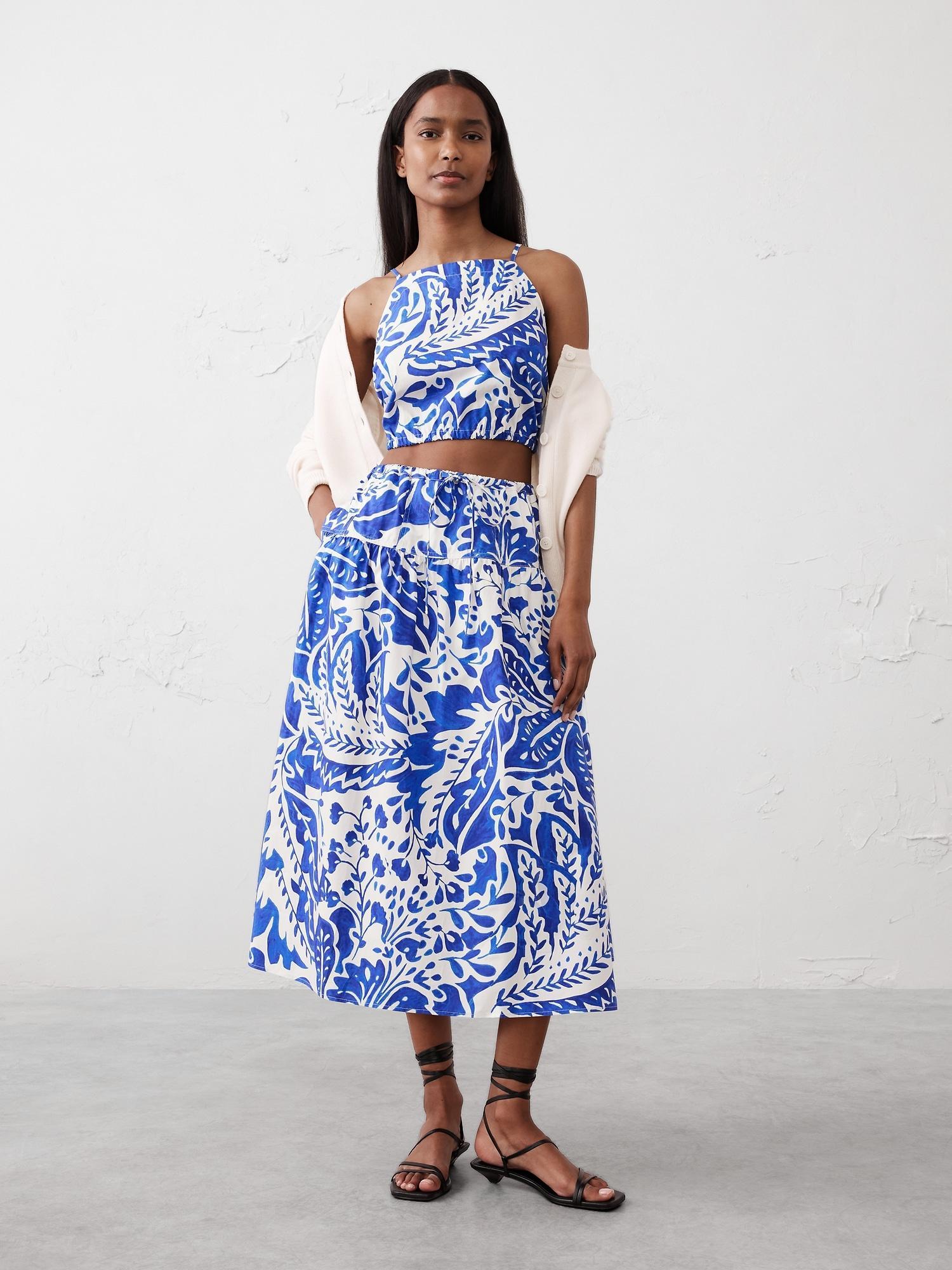 Poplin Drop-Waist Midi Skirt Product Image