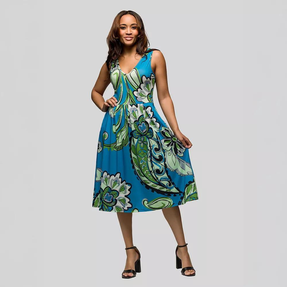 Women's 24Seven Comfort Apparel Paisley Sleeveless Pleated Midi Pocket Dress, Size: Large, Blue Team Product Image