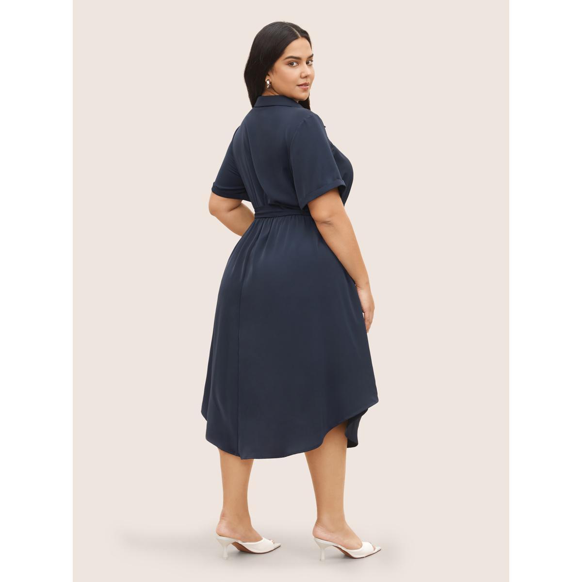Plus Size Plain Lace Patchwork Belted Cuffed Sleeve Dress DarkBlue Women At the Office Non Shirt collar Short sleeve Curvy Midi Dress BloomChic 28/5X Product Image