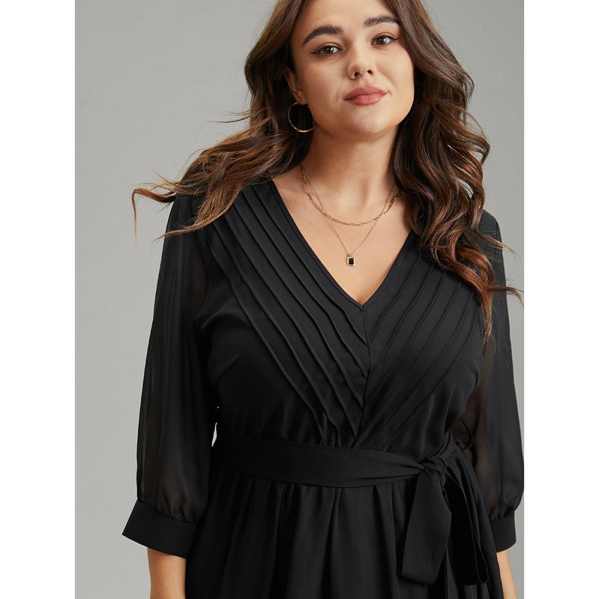 Plus Size Mesh Patchwork Belted Pleated Dress Black Women Elegant Lined V-neck Elbow-length sleeve Curvy Midi Dress BloomChic 12/L Product Image