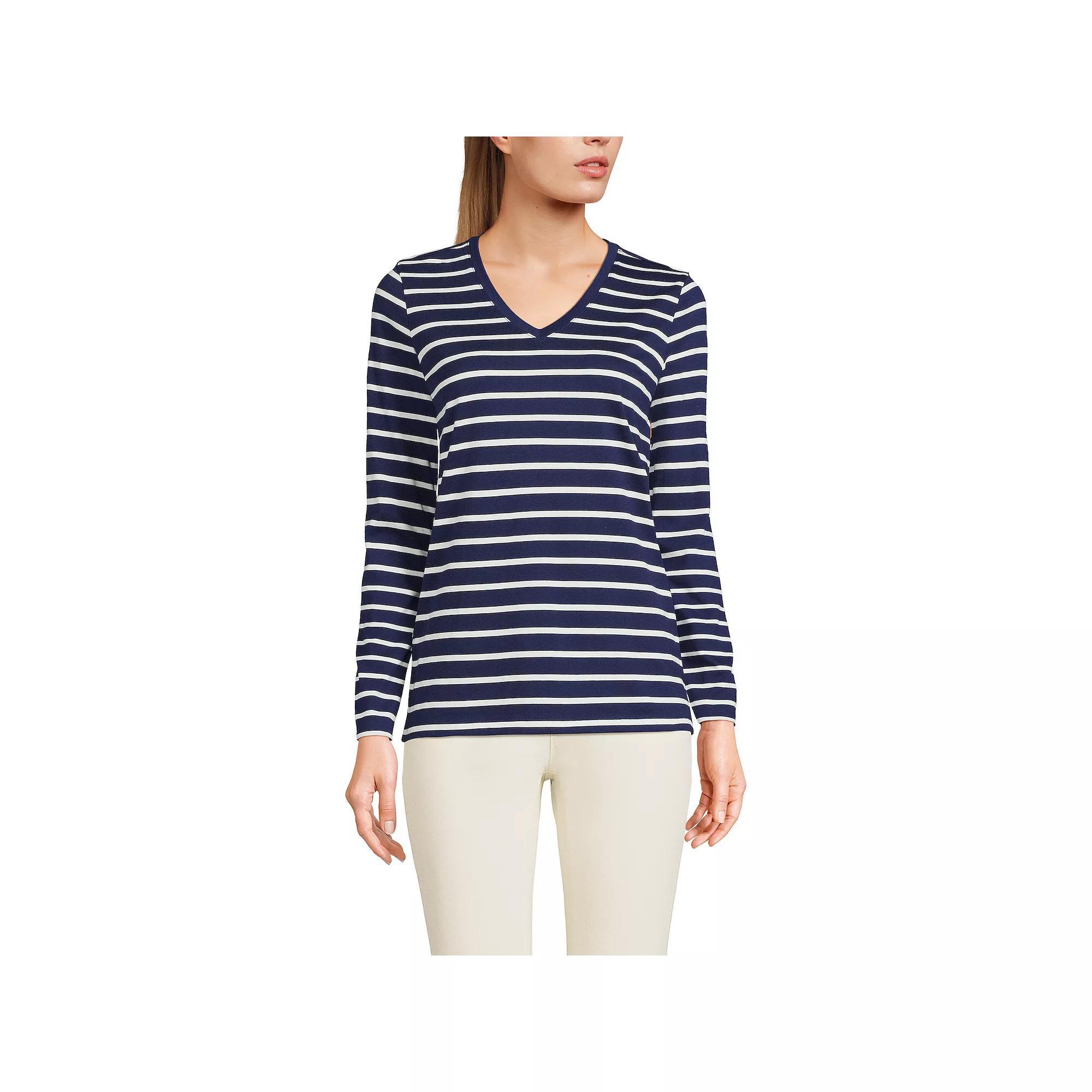 Petite Lands' End Supima Cotton Relaxed V-Neck Tee, Women's, Size: Small Petite, Ivory Black Stripe Product Image