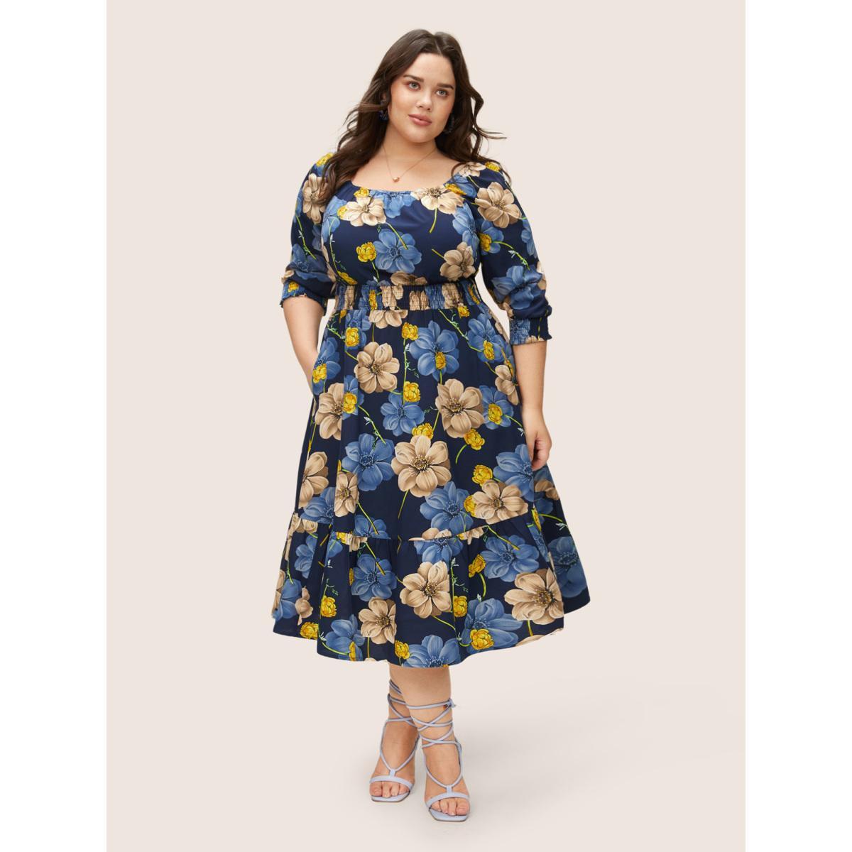 Plus Size Floral Print Square Neck Shirred Cuffs Dress DarkBlue Women Elegant Non Square Neck Elbow-length sleeve Curvy Midi Dress BloomChic 28/5X Product Image