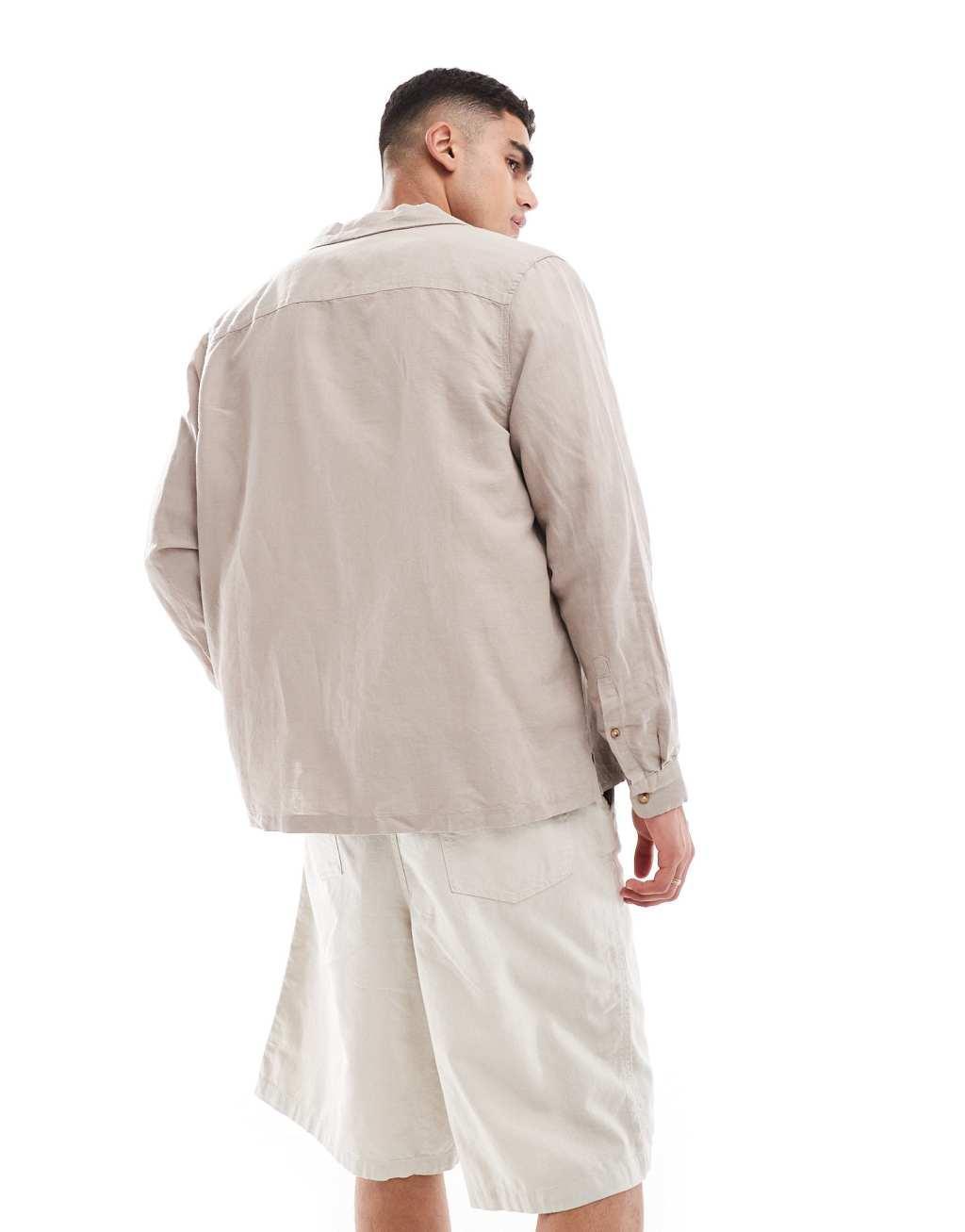 ASOS DESIGN relaxed camp shirt in linen mix with patched pocket in stone  Product Image