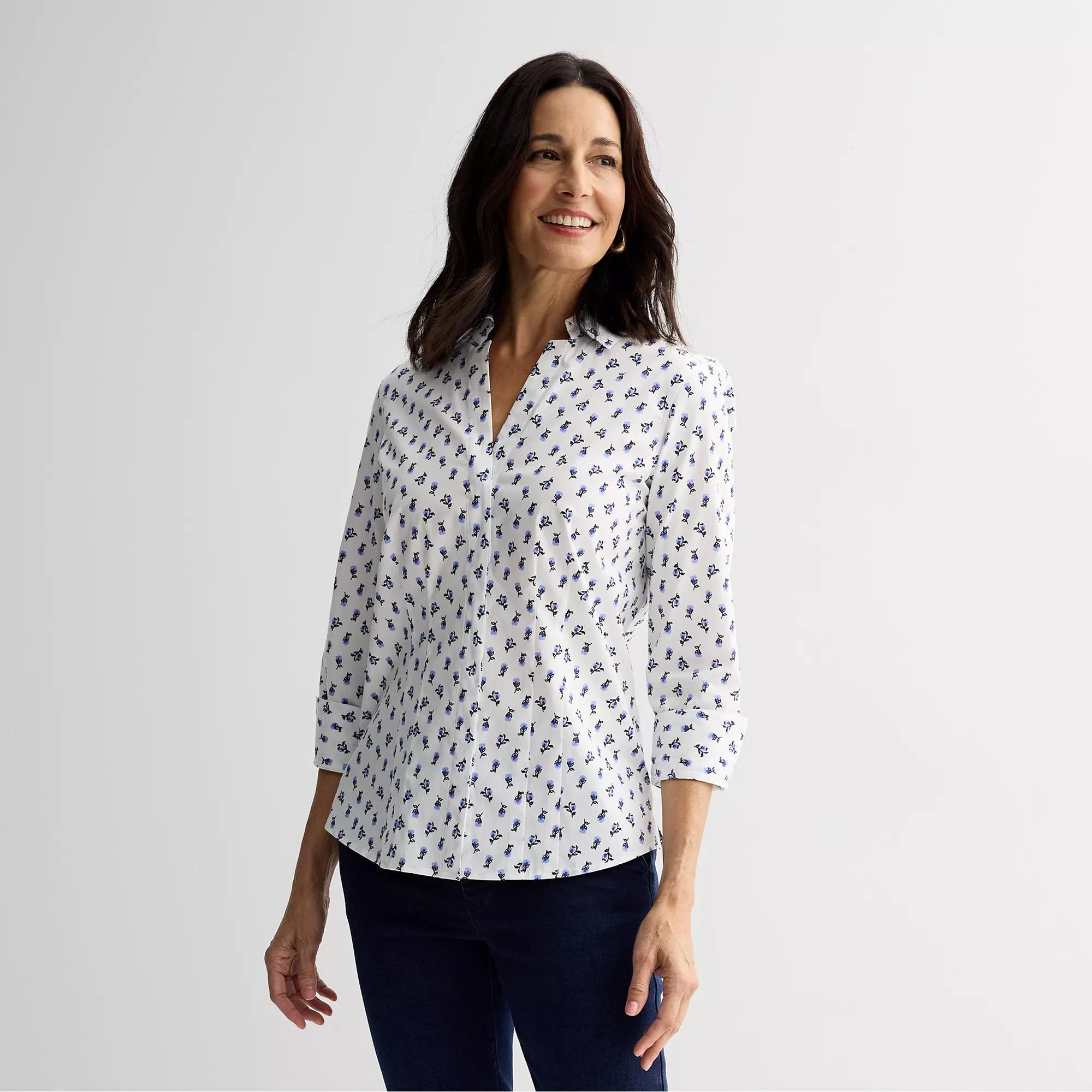 Petite Croft & Barrow® Tailored Shirt, Women's, Size: Large Petite, Blue Micro Floral Product Image