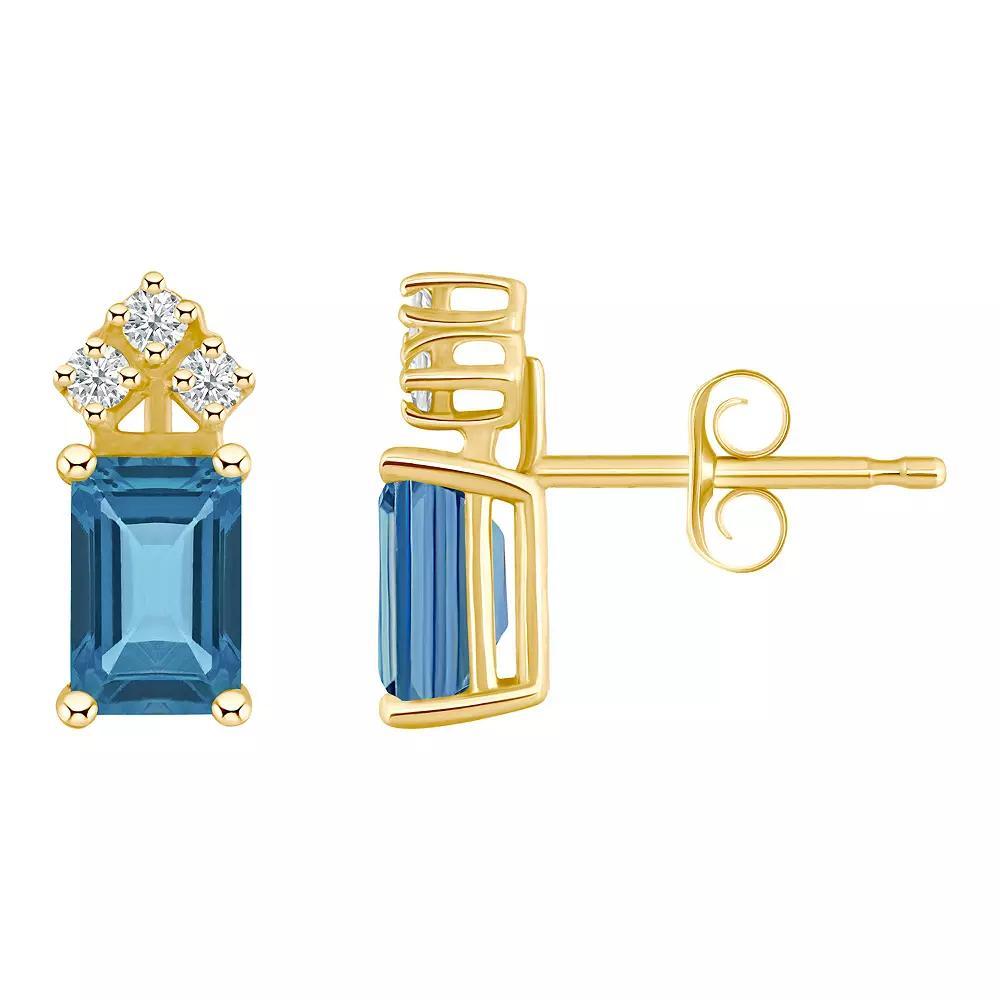 Celebration Gems 14k Gold Emerald Cut London Blue Topaz & 1/8 Carat T.W. Diamond Stud Earrings, Womens Product Image
