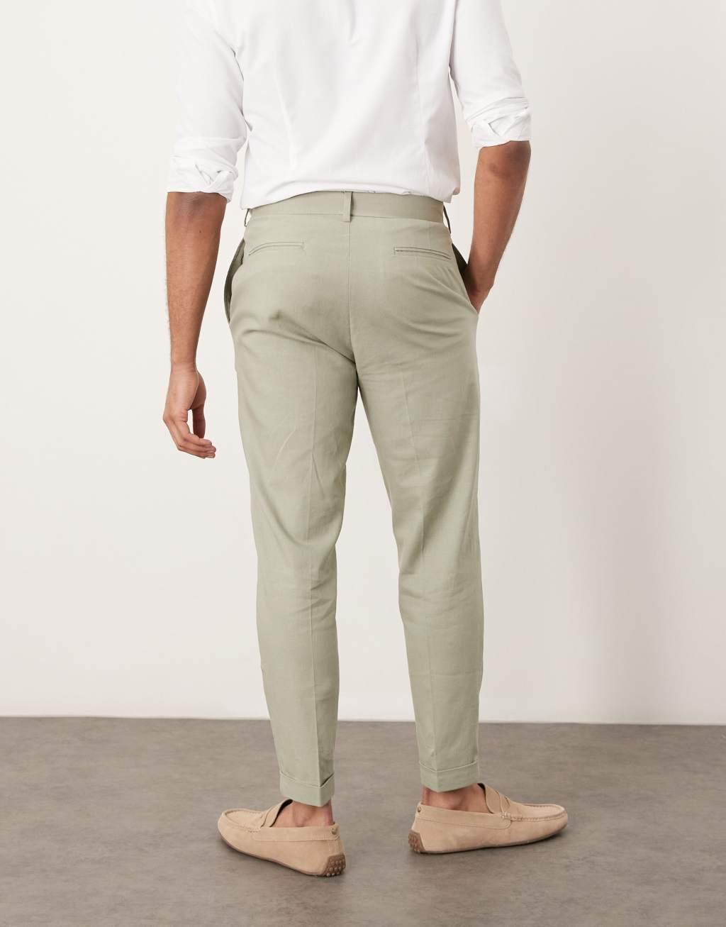 ASOS DESIGN smart tapered fit linen blend pants in sage green with turnups Product Image