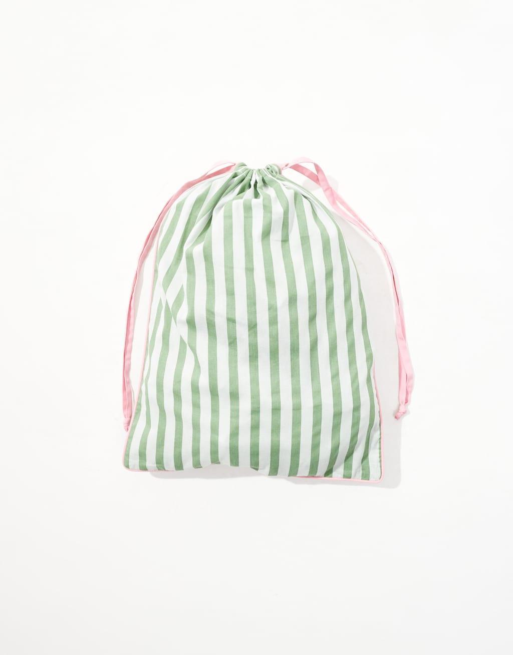 ASOS DESIGN oversized woven stripe pajama set and gift bag in green Product Image