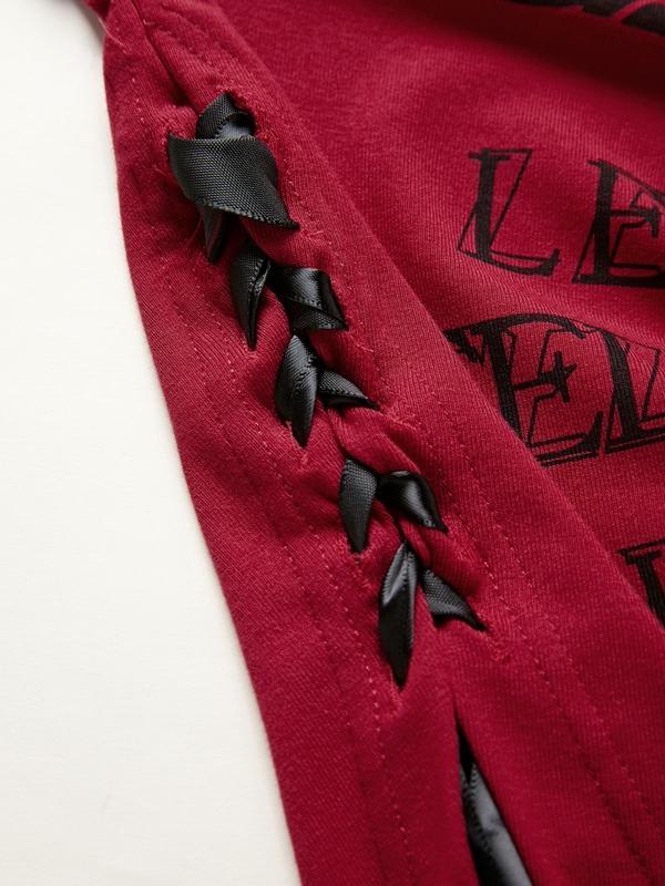 Y2K One Shoulder Letter Print Tie Up Long Sleeve Tee Product Image