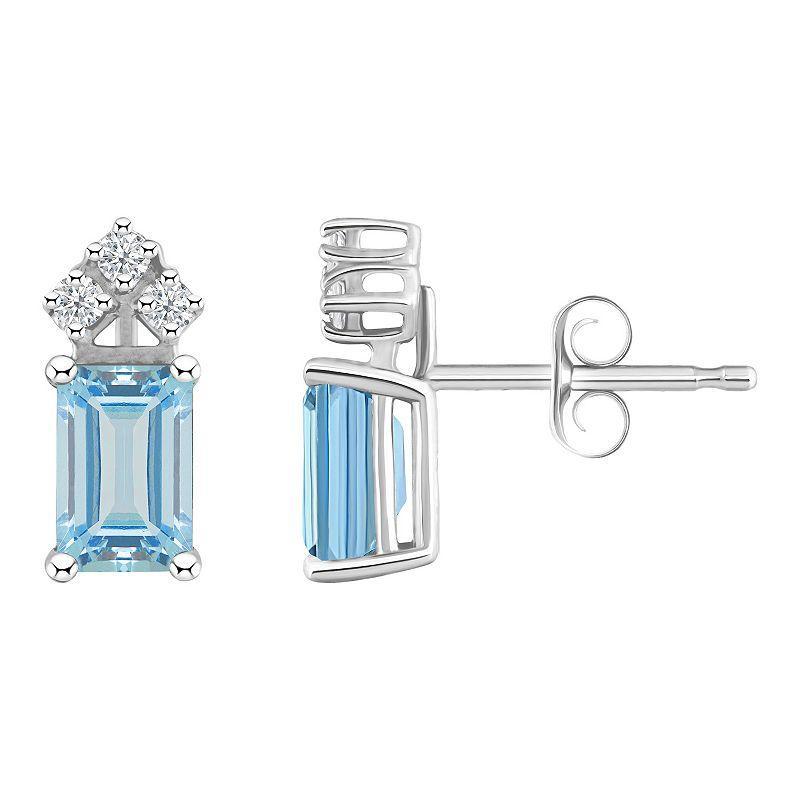 Celebration Gems 14k Gold Emerald Cut Aquamarine & 1/8 Carat T.W. Diamond Stud Earrings, Women's, 14k Whgold Product Image