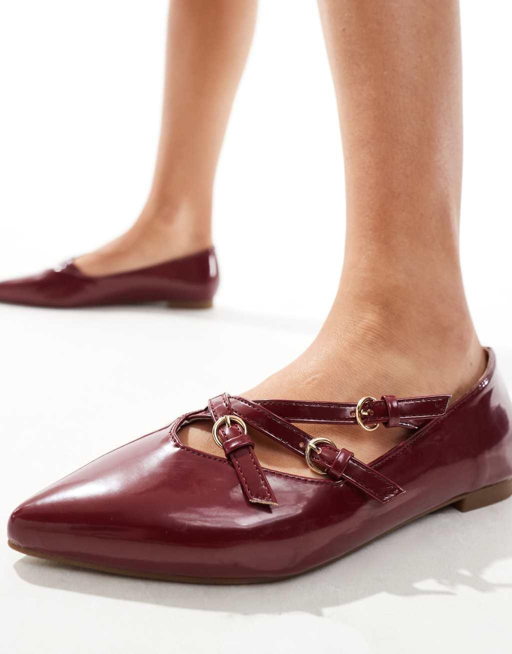 SEQWL pointed toe strappy ballet flats in burgundy Product Image