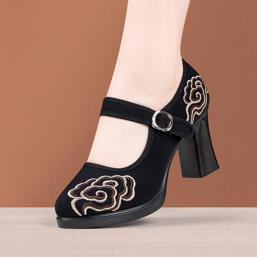 Platform Embroidered Mary Jane Pumps Product Image