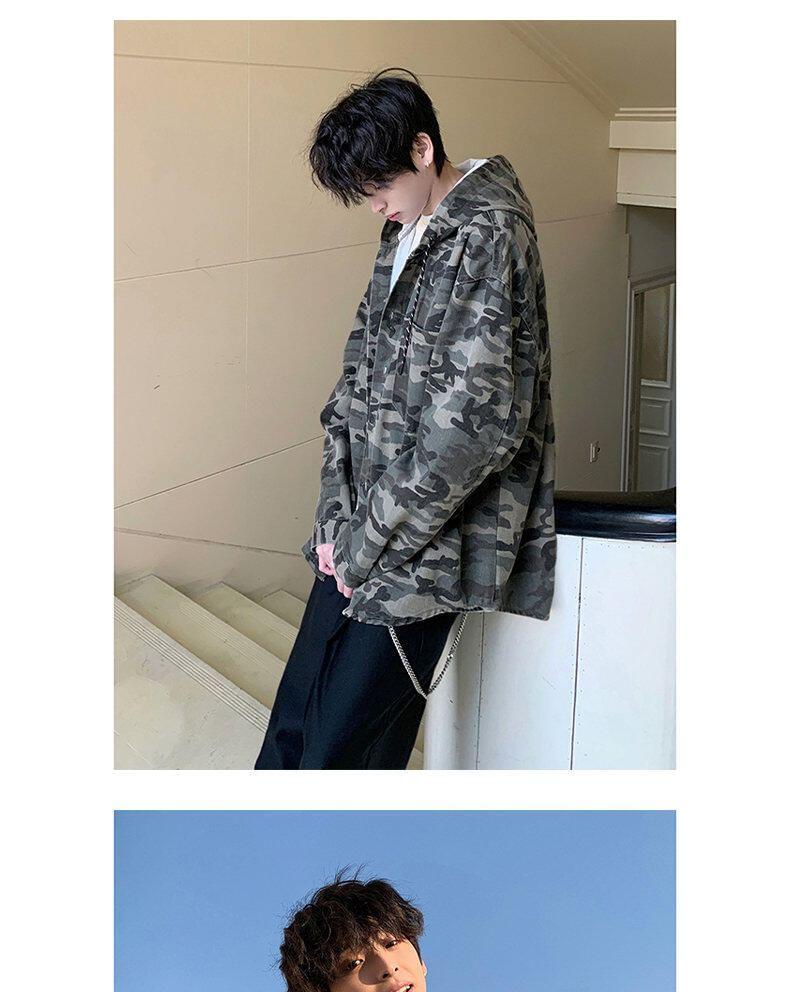 Drop Shoulder Hooded Washed Denim Shirt Jacket Product Image