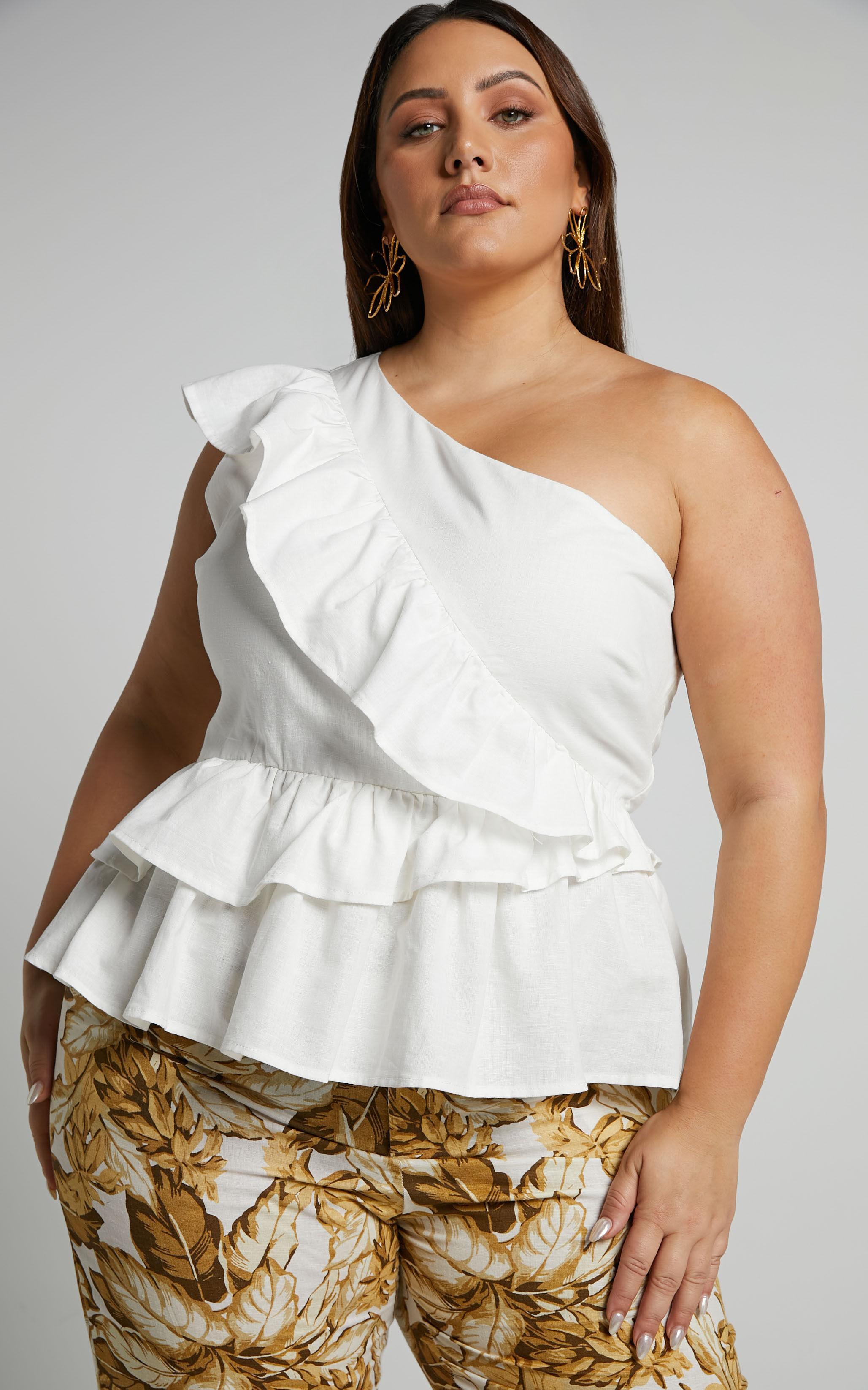 Amalie The Label - Leonila Linen Blend One shoulder Frill Top in White Product Image