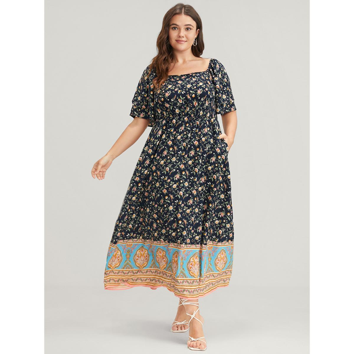 Plus Size Floral Pocket Ruffles Square Neck Midi Dress DarkBlue Women Elegant Elastic Waist Square Neck Short sleeve Curvy Midi Dress BloomChic 22-24/3X Product Image