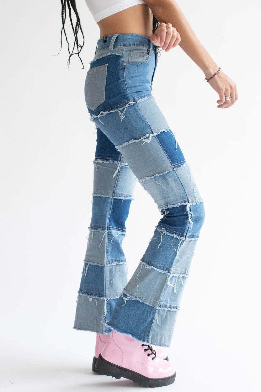 Patchwork Stretch Denim Bell Bottoms Product Image