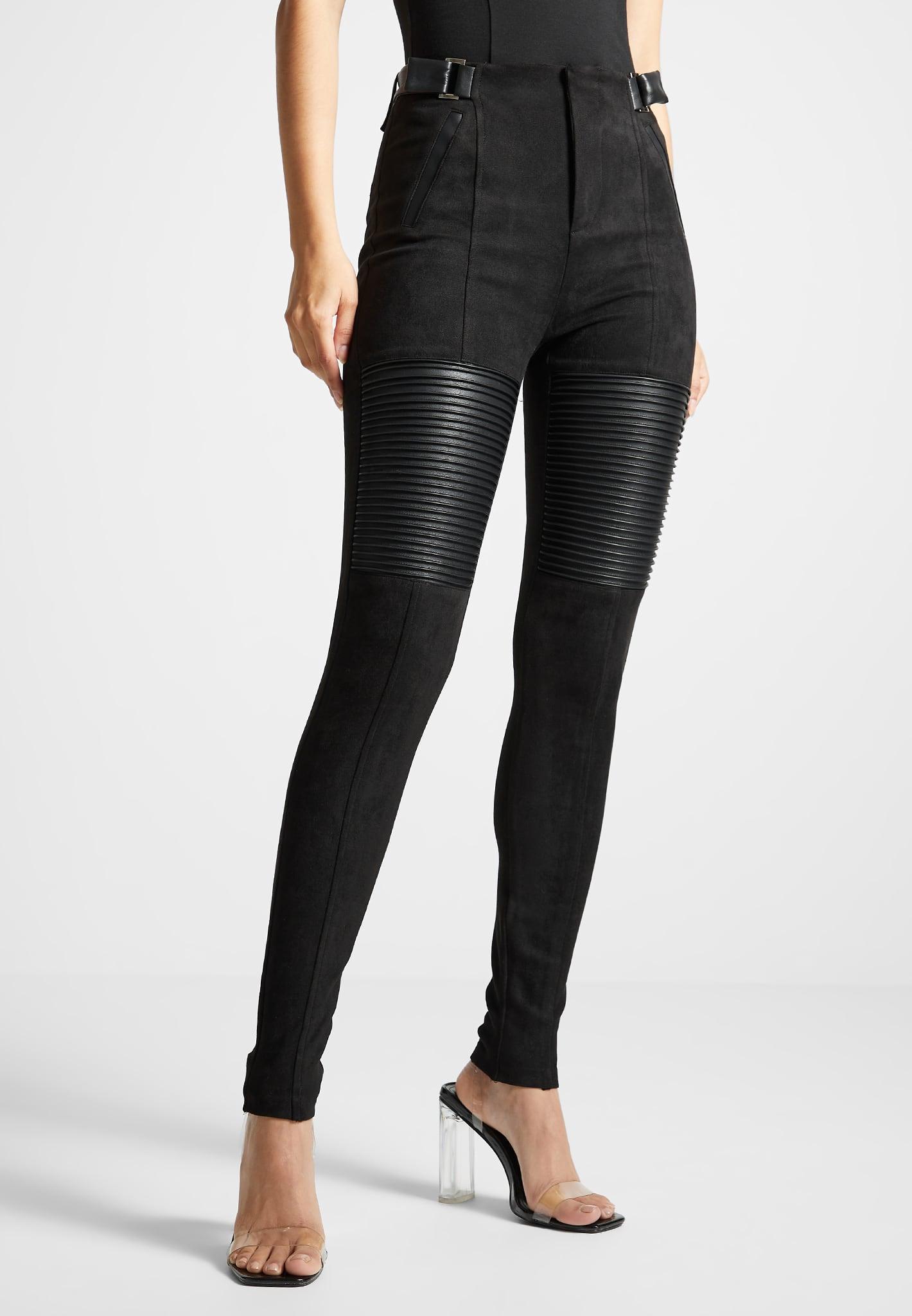 Leather and Suede Ribbed Leggings - Black Female Product Image