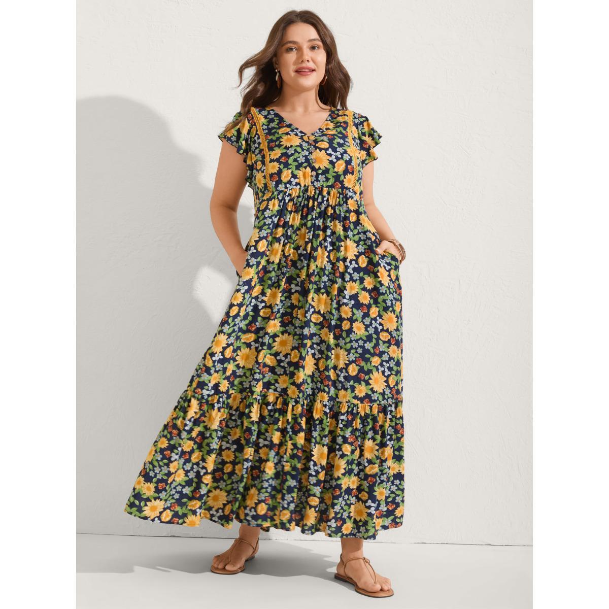 Plus Size Sweet Floral Lace Trim Tiered Maxi Dress Indigo Women V-neck Cap Sleeve Curvy BloomChic 28/5X Product Image