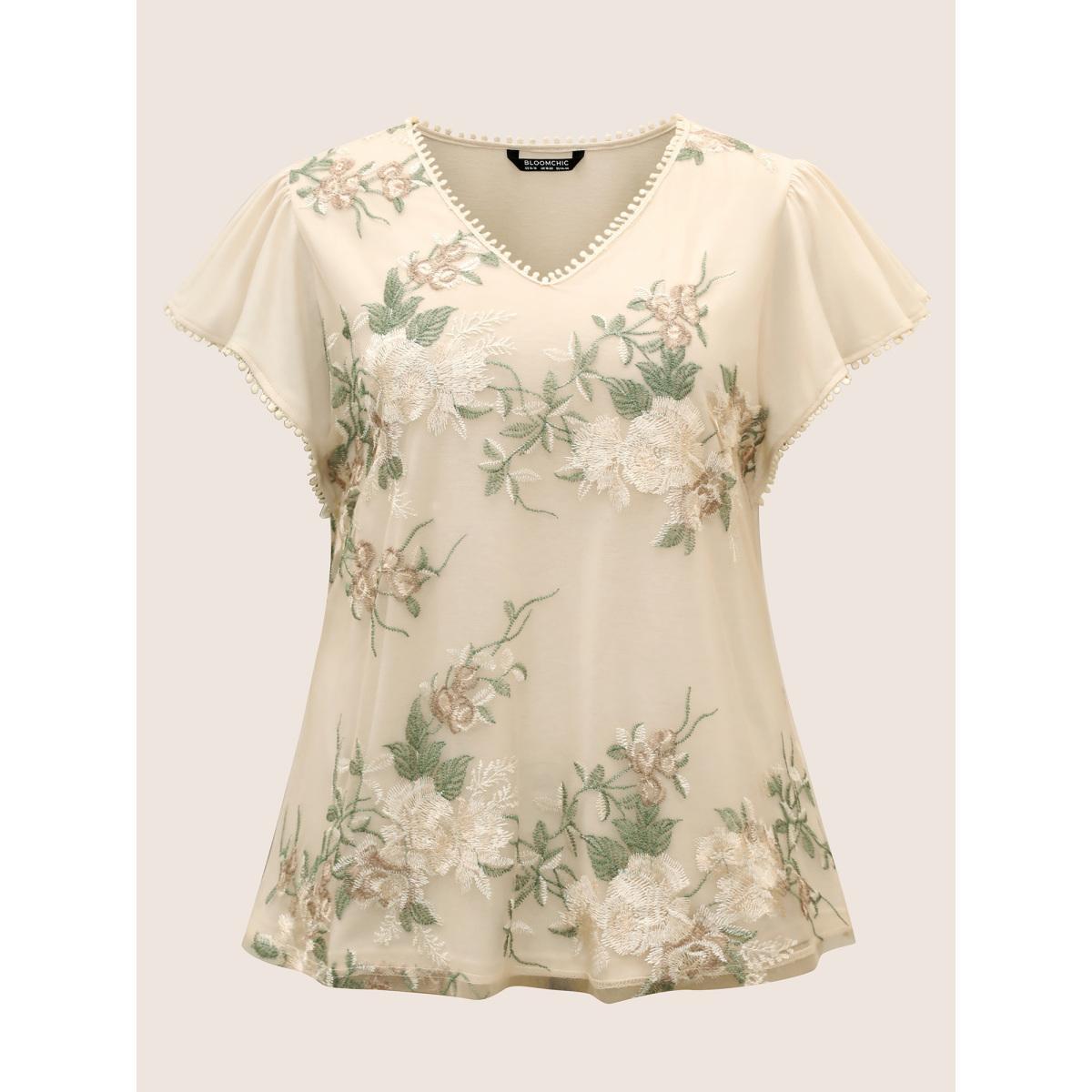 Plus Size Floral Mesh Embroidered Pompom Trim T-shirt Beige Women Elegant Contrast Natural Flowers V-neck Everyday T-shirts BloomChic 18-20/2X Product Image