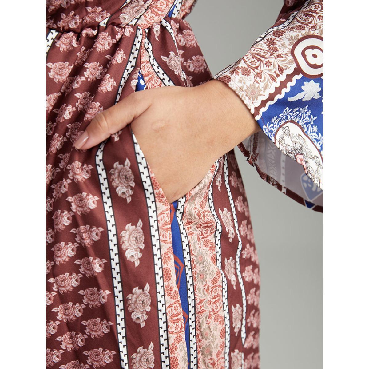 Plus Size Boho Print Keyhole Split Hem Pocket Dress Scarlet Women Vacation Printed Notched collar Long Sleeve Curvy Midi Dress BloomChic 10/M Product Image