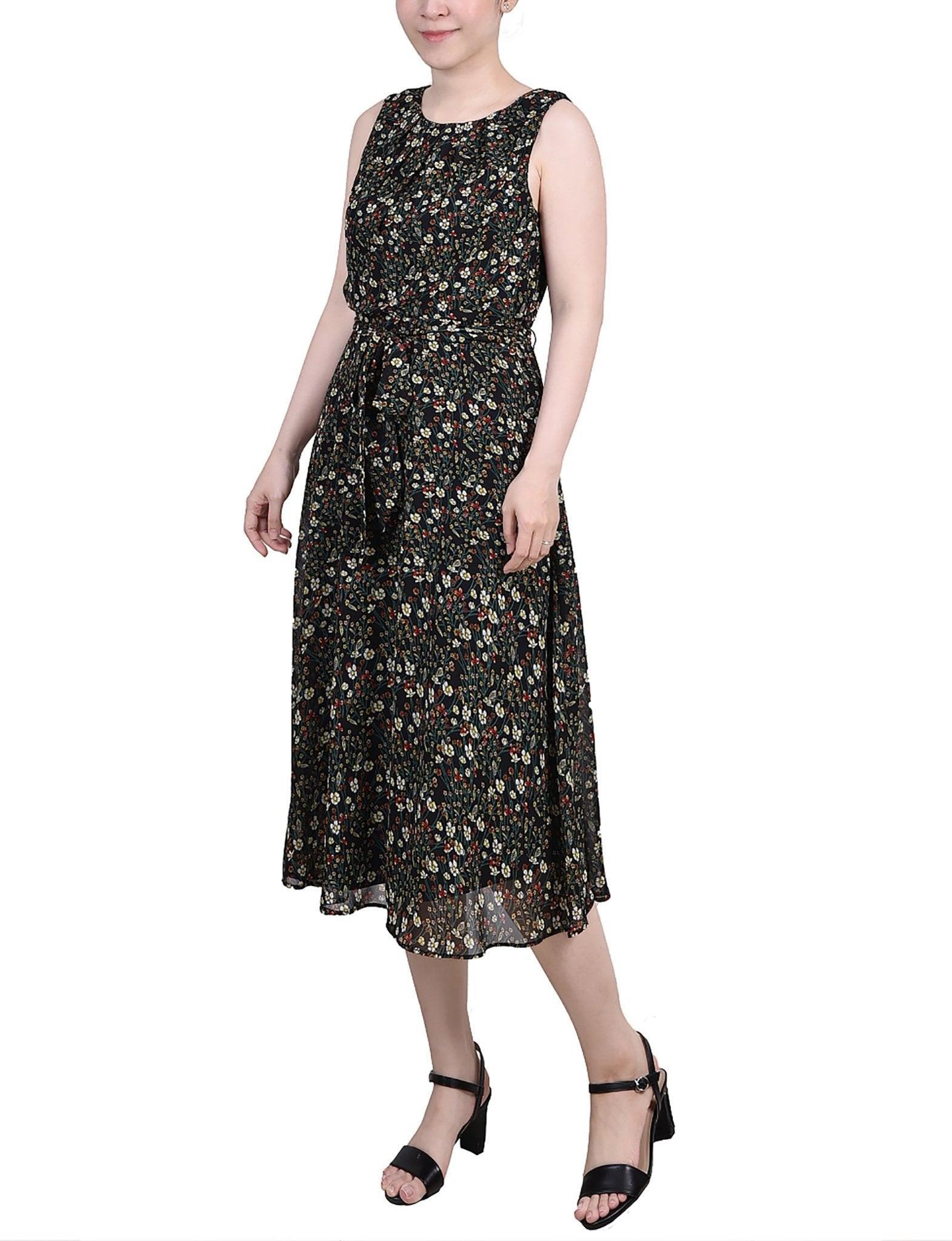 Black Ditsy Floral Sleeveless Chiffon Belted Dress - Petite Product Image
