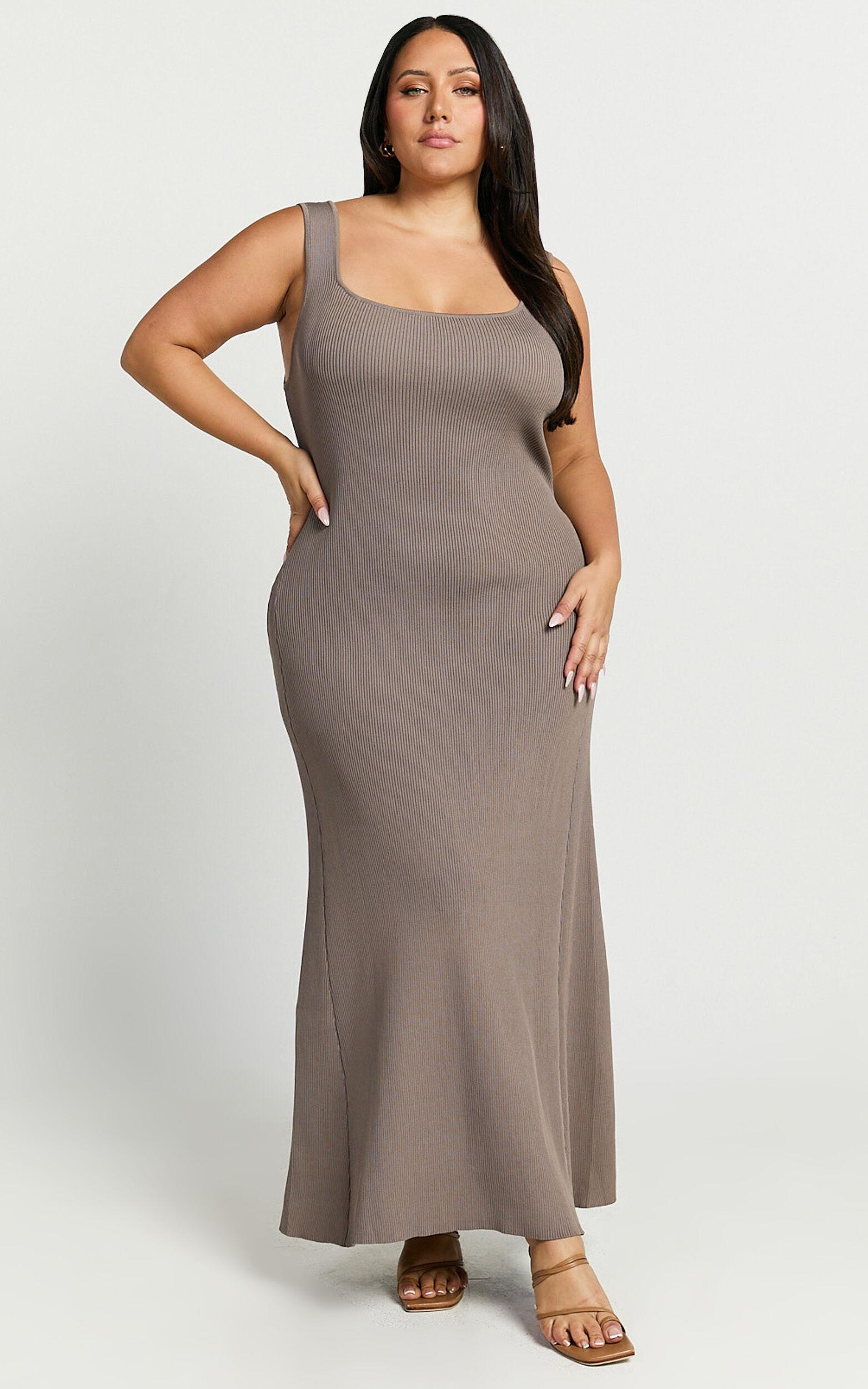 Shelley Maxi Dress - Knitted Scoop Neck Slip Dress in Taupe Product Image