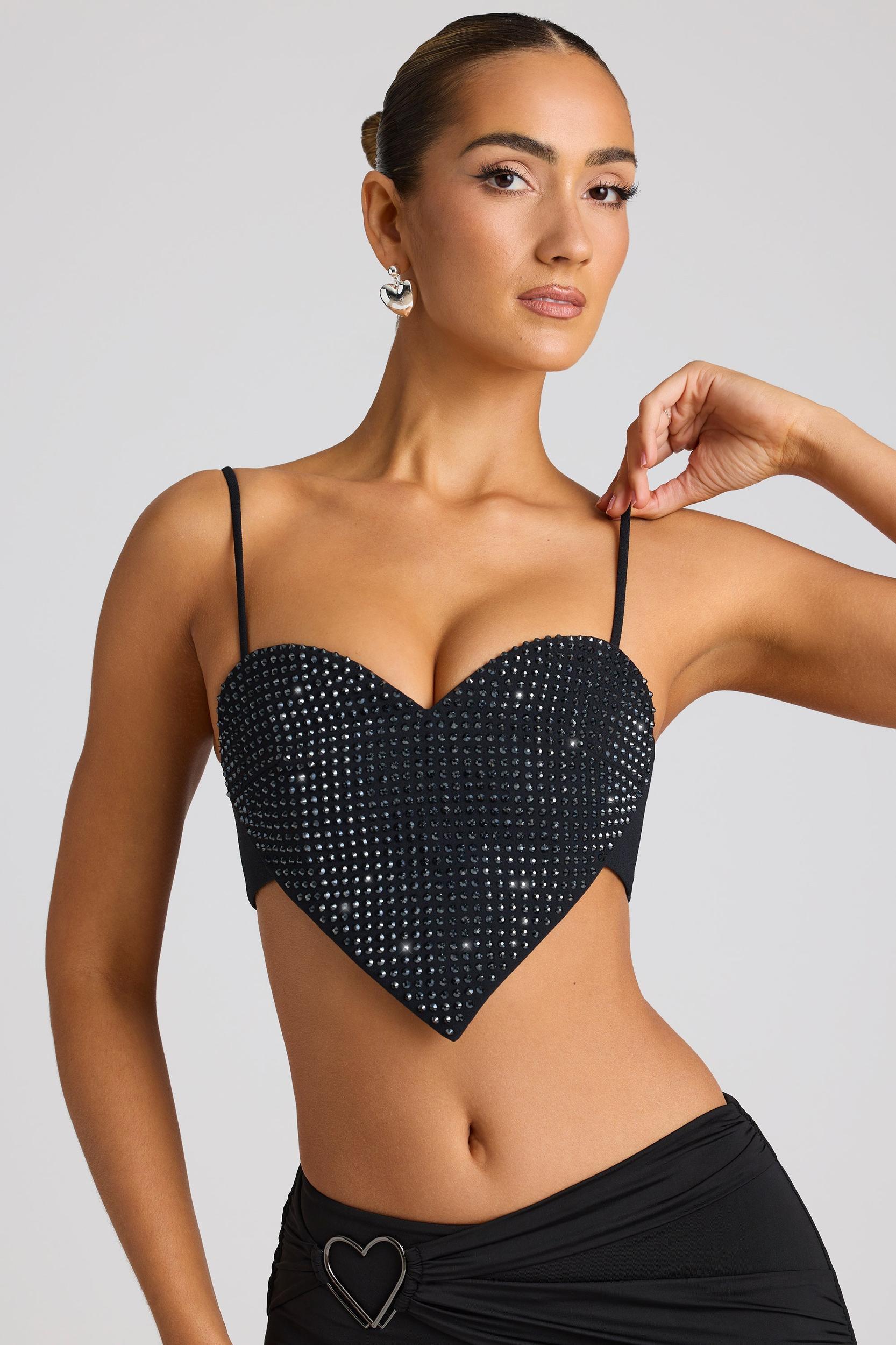 Embellished Heart Detail Crop Top in Black Product Image