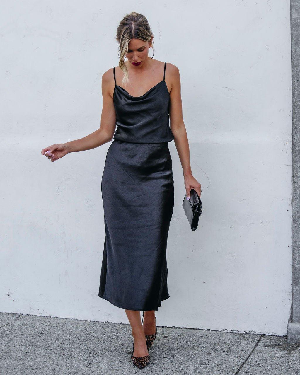 Muse By Magnolia Black Satin Midi Skirt - FINAL SALE Product Image