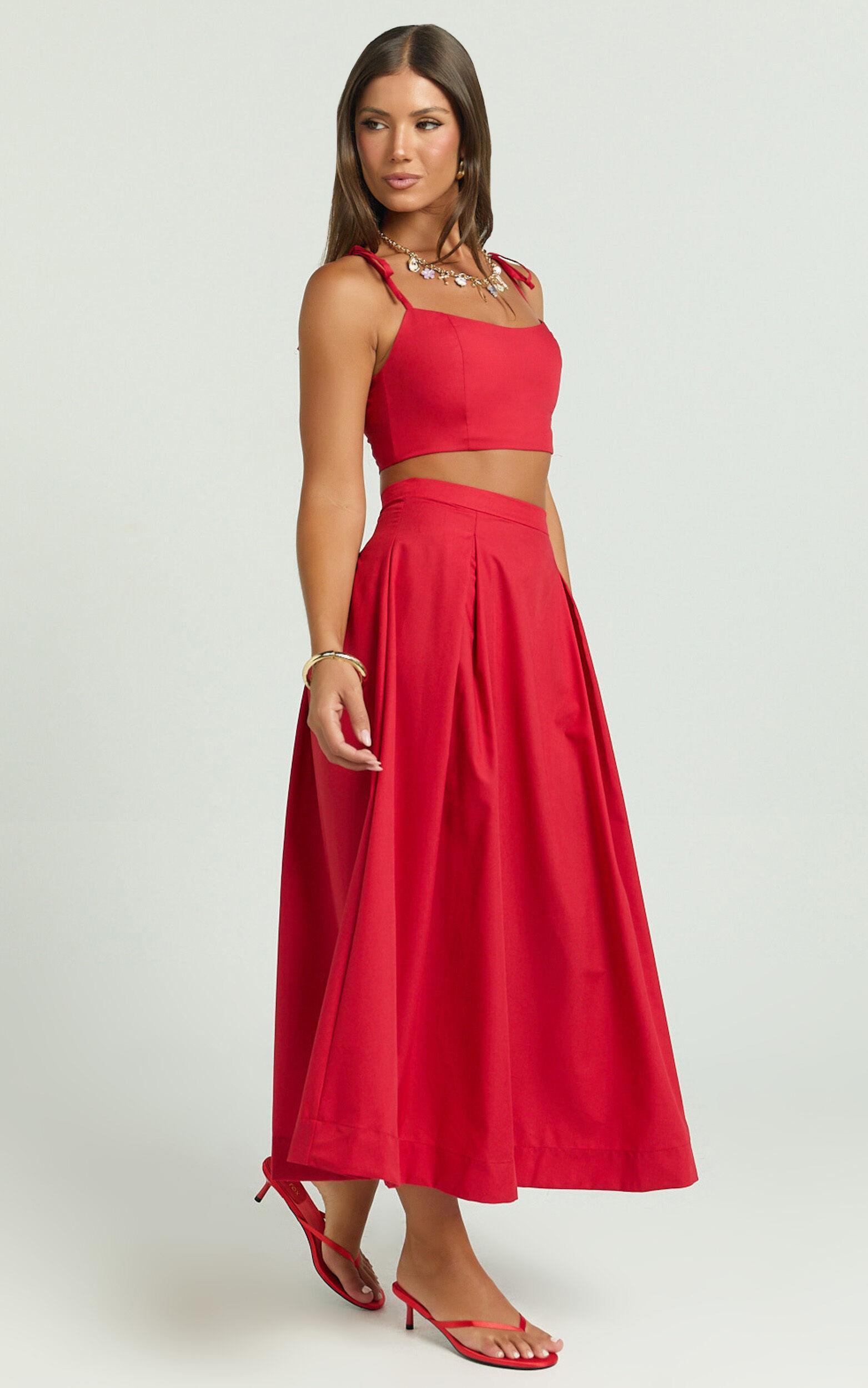 Rosalee Two Piece Set - Strappy Crop Top and High Waisted A Line Midi Skirt Set in Red Product Image