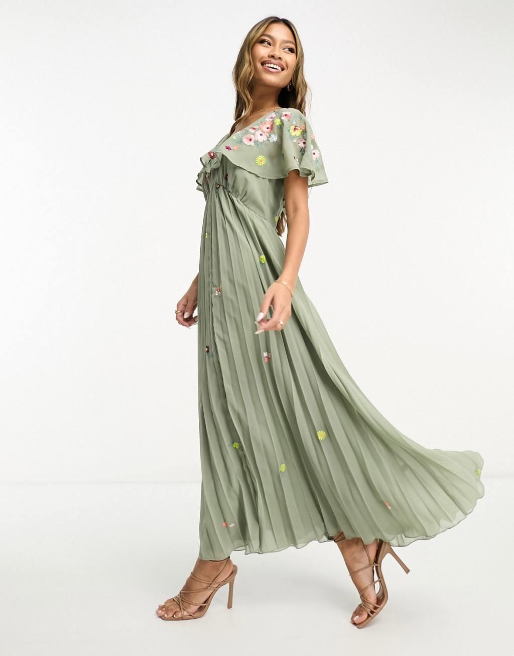 ASOS DESIGN v-neck angel sleeve pleat midi dress with all over embroidery Product Image