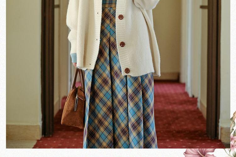 Long-Sleeve Mock Neck Plain Knit Top / V-Neck Cardigan / High Waist Plaid Pleated Midi A-Line Skirt / Set Product Image