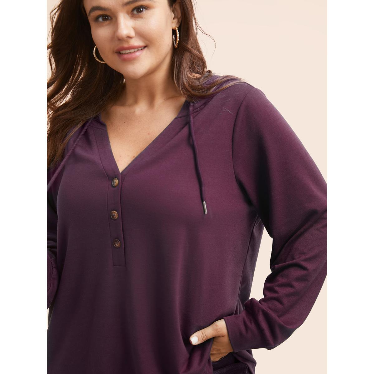 Plus Size Plain Button Up Drawstring Hooded Sweatshirt Women DarkGreen Casual Elastic cuffs Hooded Dailywear Sweatshirts BloomChic 18-20/2X Product Image