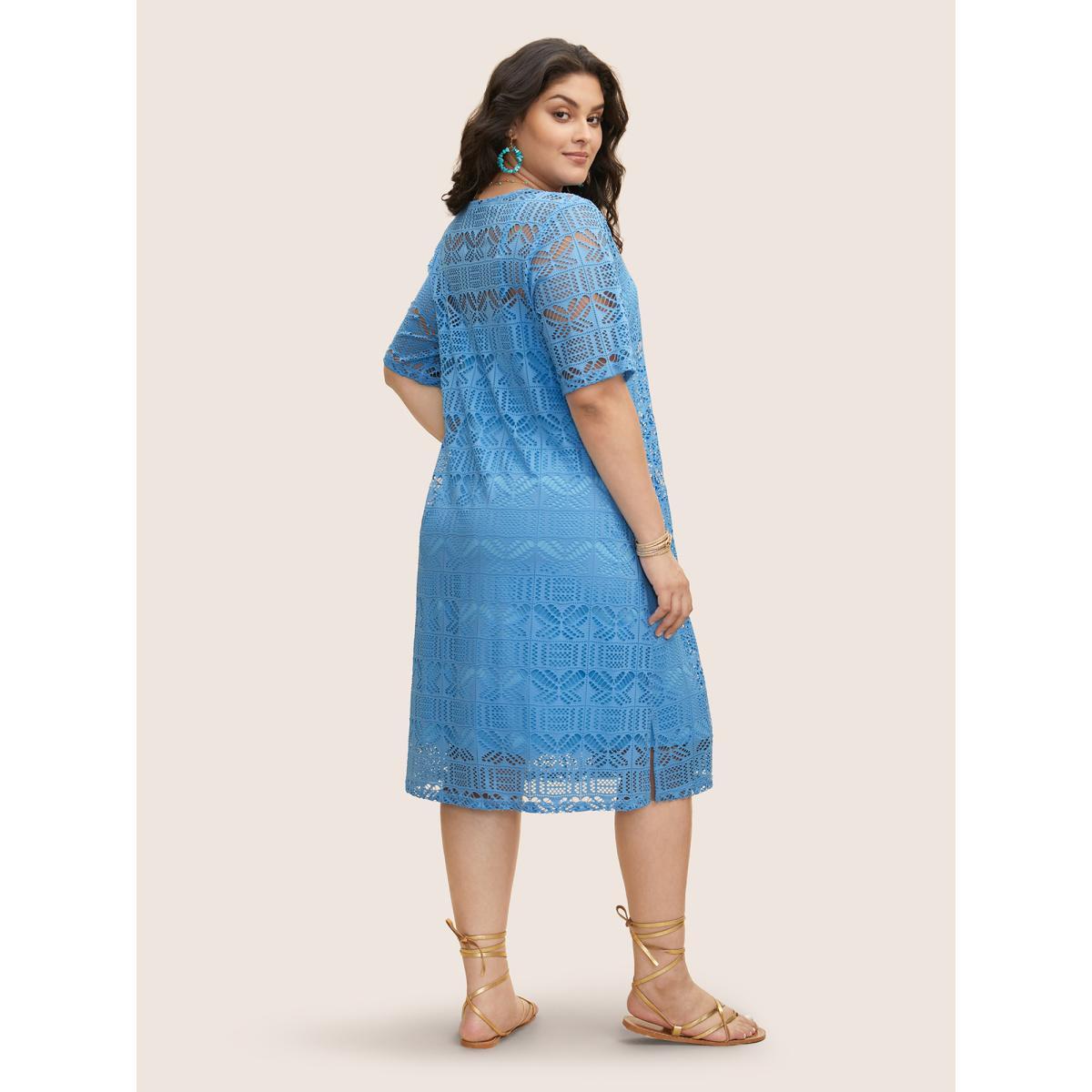 Plus Size Cut Out Tassel Trim Split Hem Midi Dress Skyblue Women Resort Flat collar with V-notch Half Sleeve Curvy BloomChic 22-24/3X Product Image