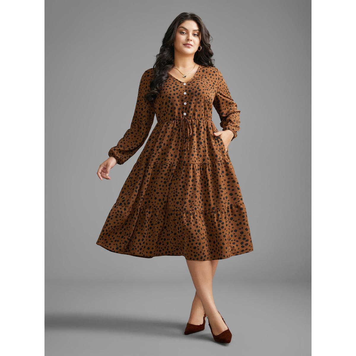 Plus Size Leopard Print Tie Knot Ruffle Layered Hem Dress Browncoffeecolor Women Elegant Tie knot V-neck Long Sleeve Curvy BloomChic 10/M Product Image
