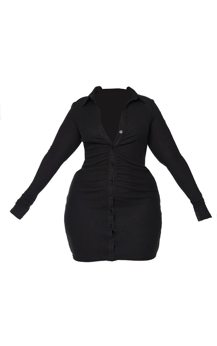 Plus Black Brushed Rib Long Sleeve Ruched Shirt Dress Product Image