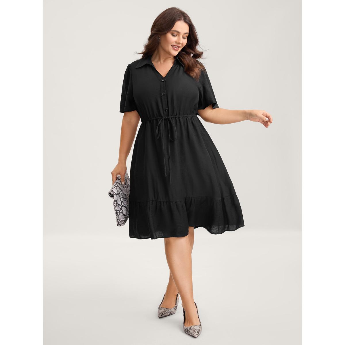 Plus Size Button Placket Waist-Tie Midi Dress Black Women Office Notched collar Short sleeve Curvy BloomChic 14-16/1X Product Image