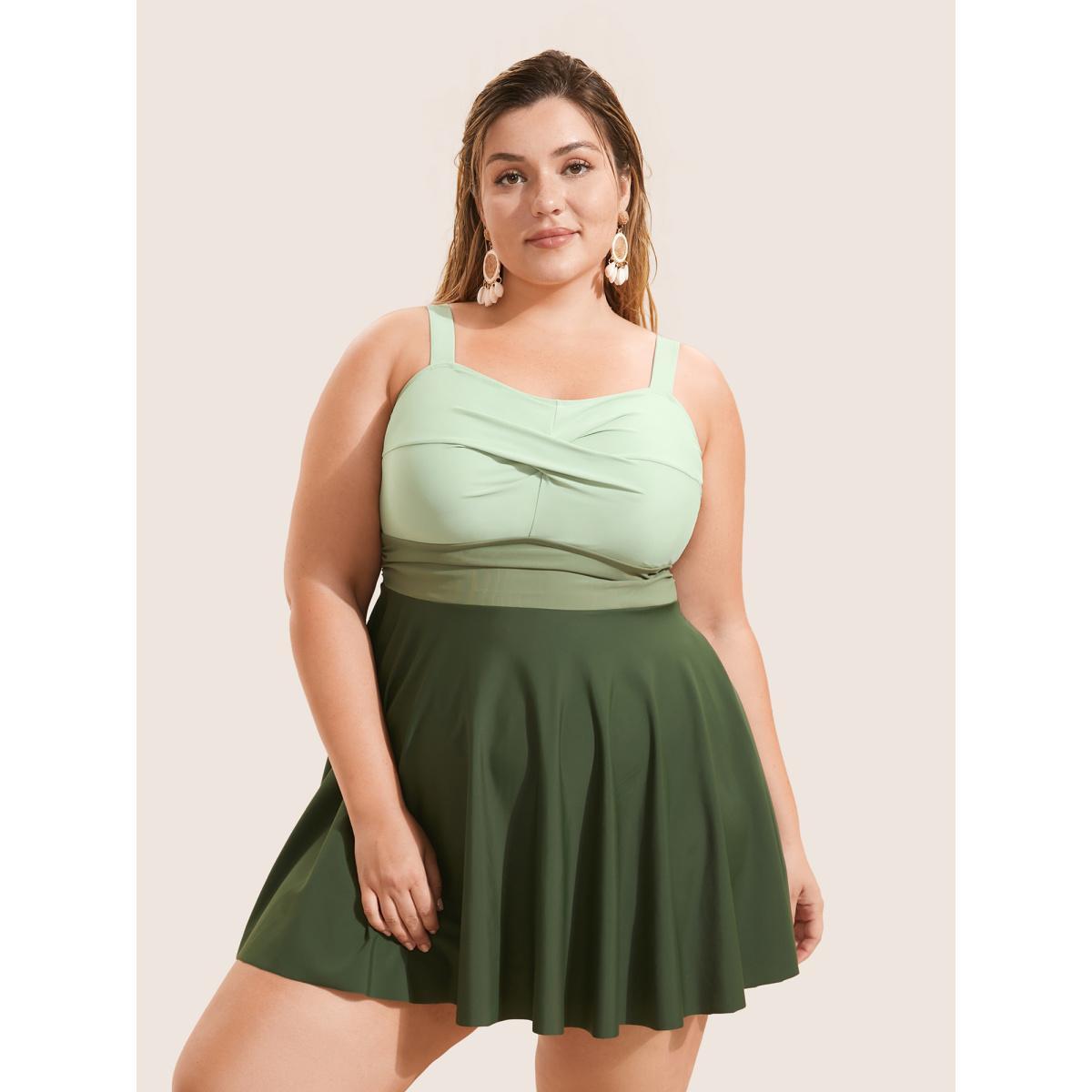 Plus Size Twist Front Patchwork Adjustable Straps Swim Dress Women's Swimwear ArmyGreen Beach Bodycon Heart neckline High stretch Curve Swim Dresses BloomChic 18-20/2X Product Image