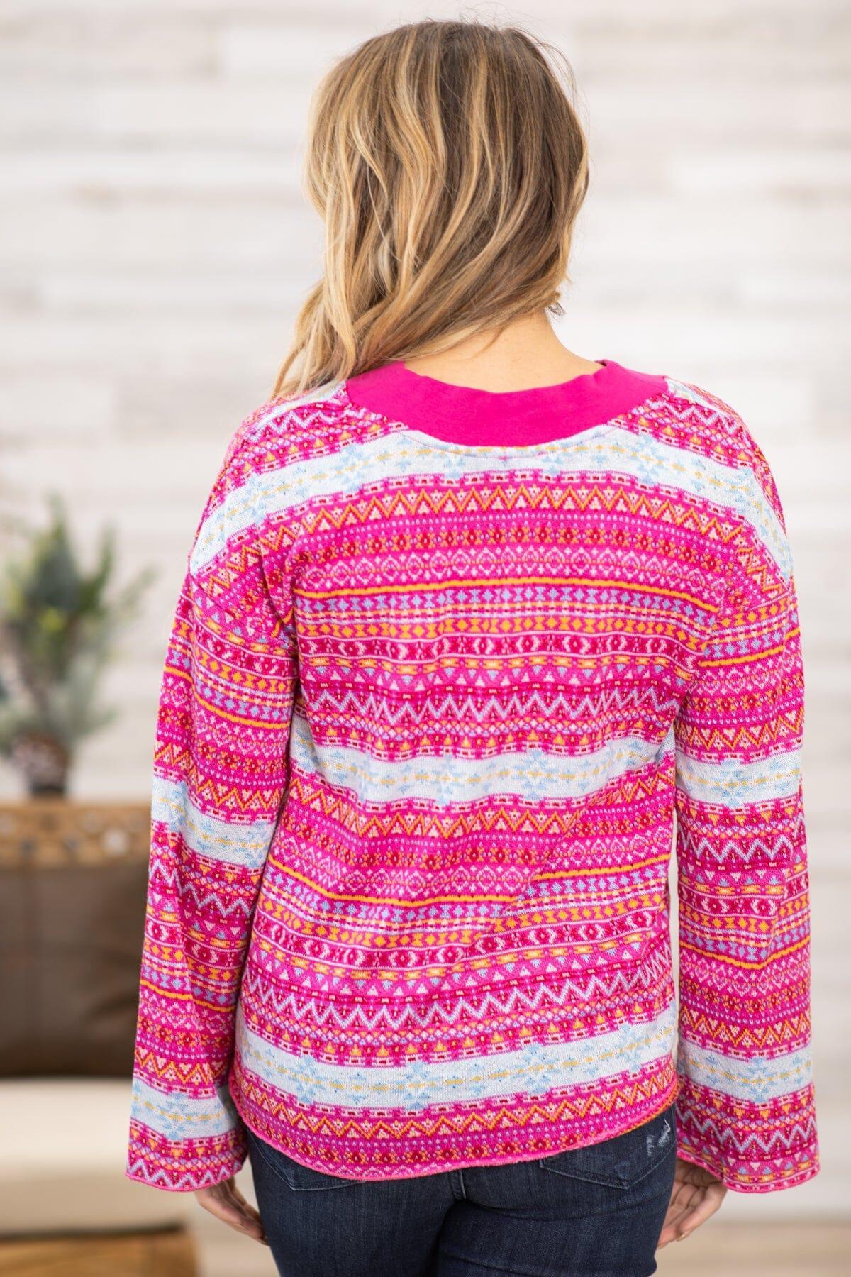 Hot Pink and Yellow Aztec Print-V-Neck Sweater Product Image