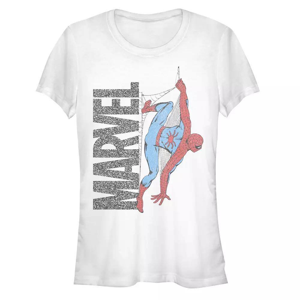 Juniors' Spider-Man Hanging From The Marvel Logo Graphic Tee, Girl's, Size: XXL, White Product Image