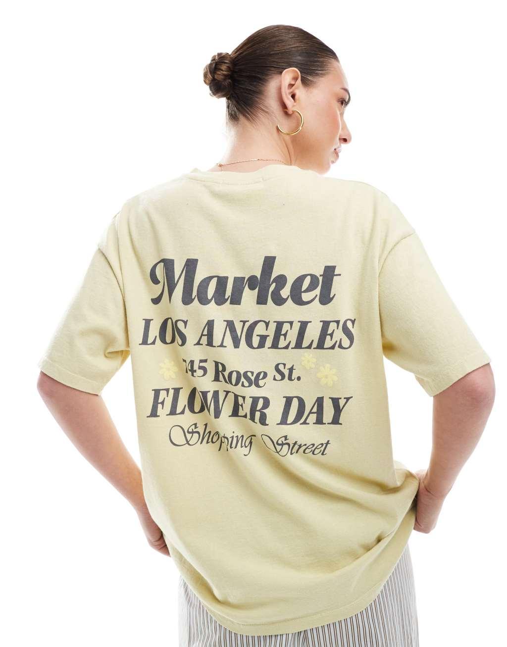 Pull&Bear oversized boxy print tee in yellow Product Image