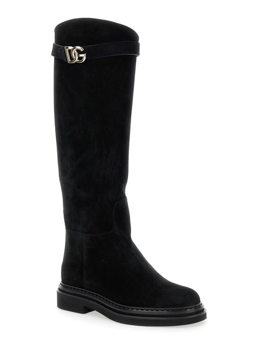 DOLCE & GABBANA Suede Knee-high Boots With Signature Embellishments In Black Product Image