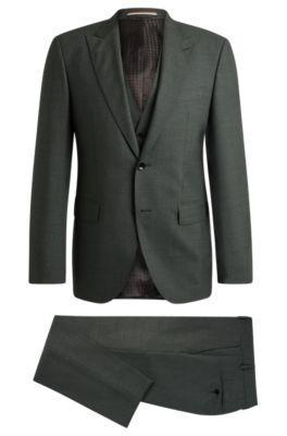 HUGO BOSS Regular-fit Three-piece Suit In Melange Virgin Wool In Green Product Image