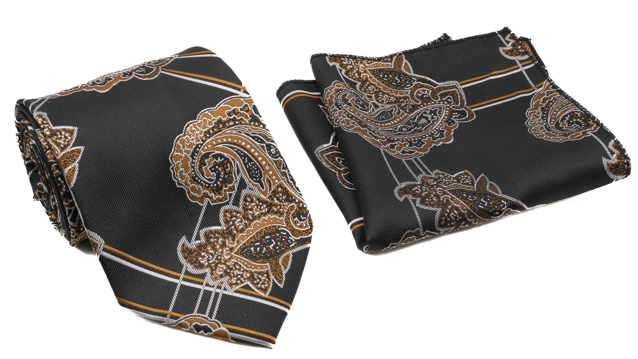 Black Tan Brown Paisley Pattern Men's Classic Tie and Pocket Square Set Male Product Image