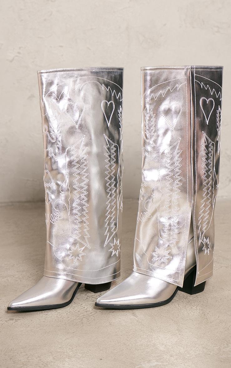 Silver Pu Point Toe Fold Over Split Hem Knee High Western Boots Product Image