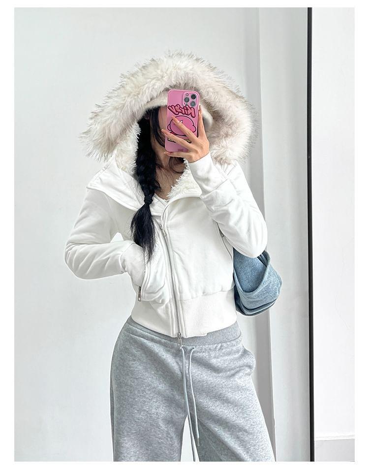 Asymmetrical Faux Fur-Collar Hooded Jacket Product Image