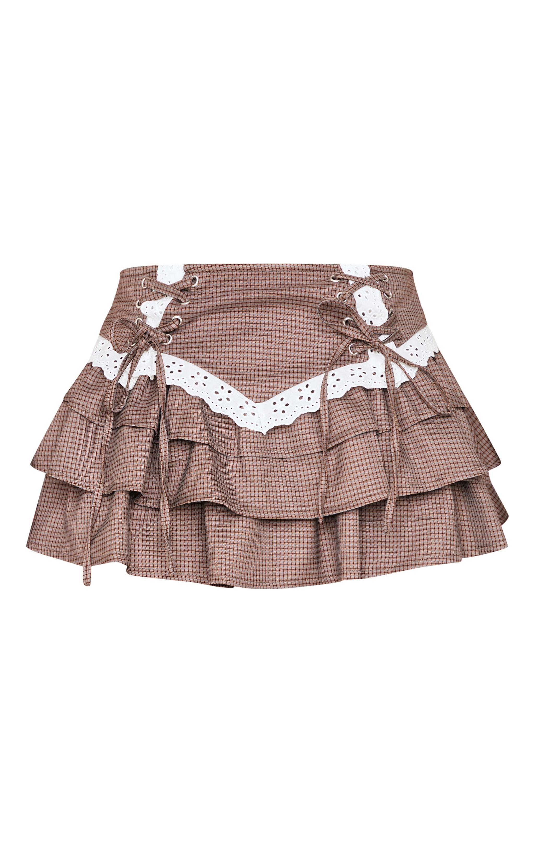 Brown and Blue Herringbone Lace Up Detail Frilly Rara Skirt Product Image